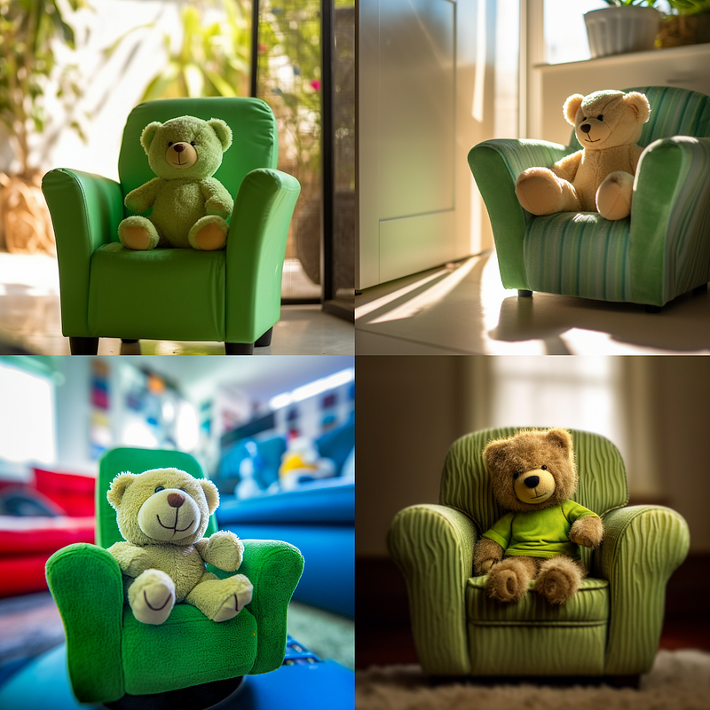 Image of a teddy bear on a green chair from a low angle