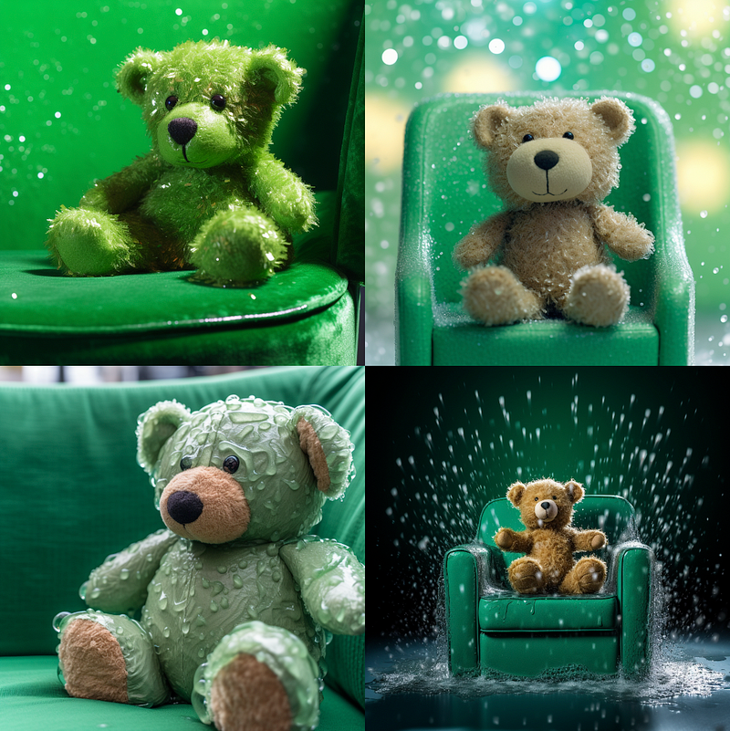 Image of a teddy bear on a green chair with water drops