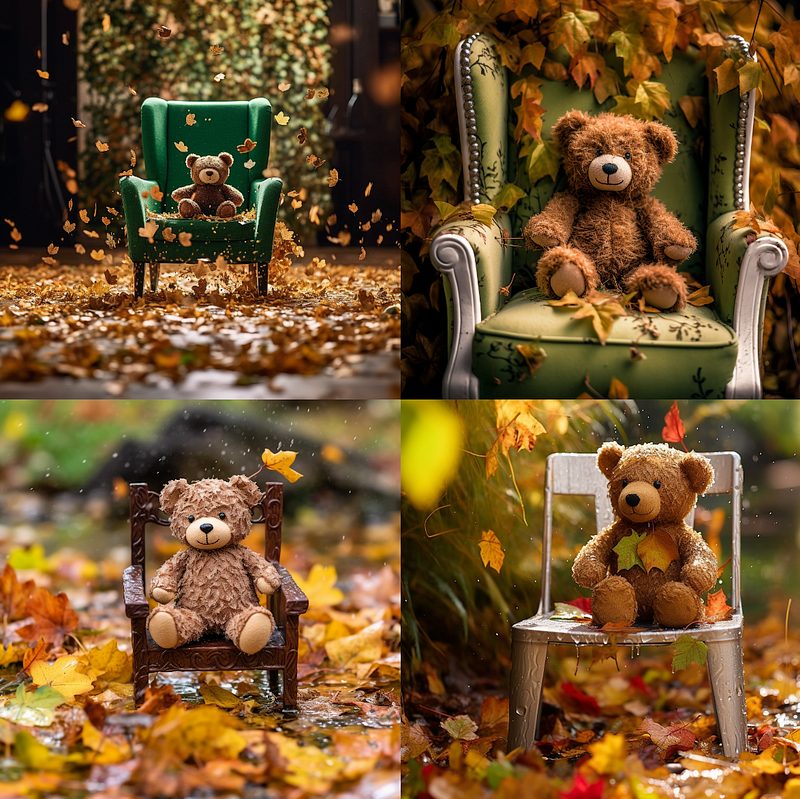 Image of a teddy bear on a green chair surrounded by falling leaves