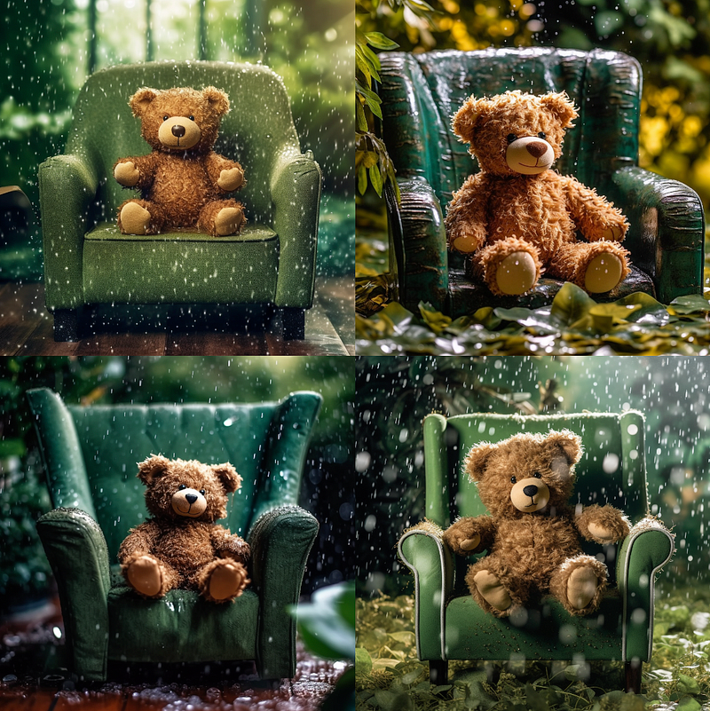 Final image of teddy bear on a green chair