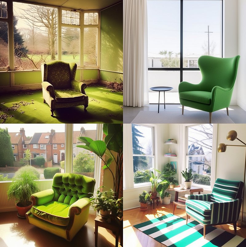 Image of a bright living room with a green chair