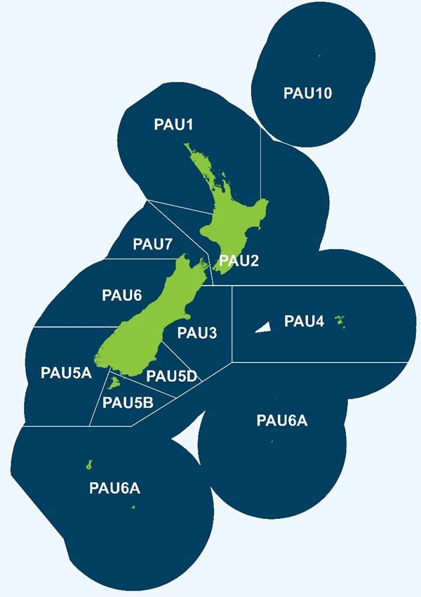 Map of New Zealand's fishery management zones