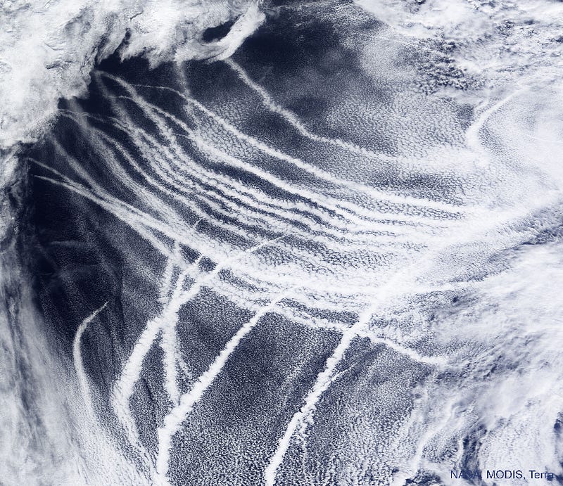 Ship tracks over the Pacific Ocean highlighted by NASA