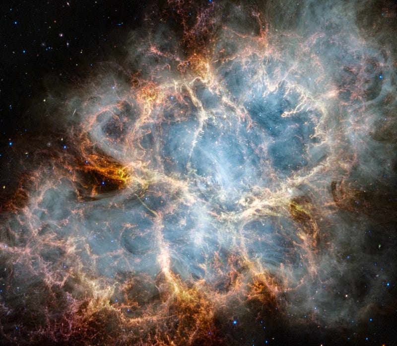 The Crab Nebula, a remnant of a historic supernova