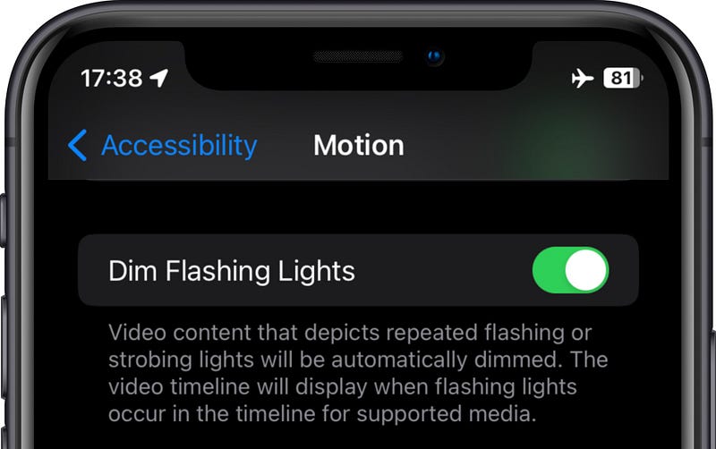 Accessibility settings for Dim Flashing Lights