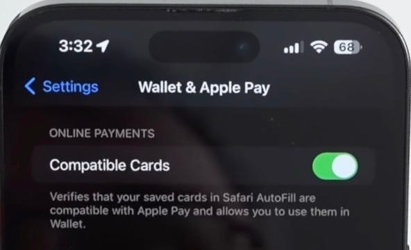 Apple Pay settings for compatible cards