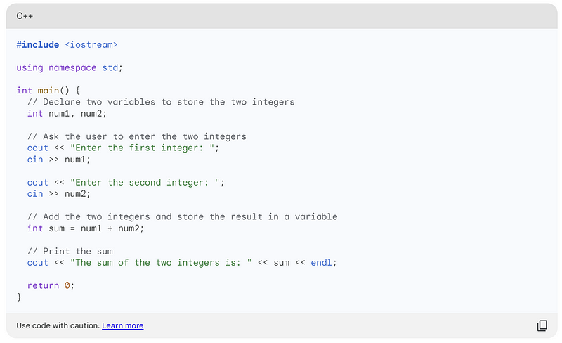 C++ Code Example from Bard