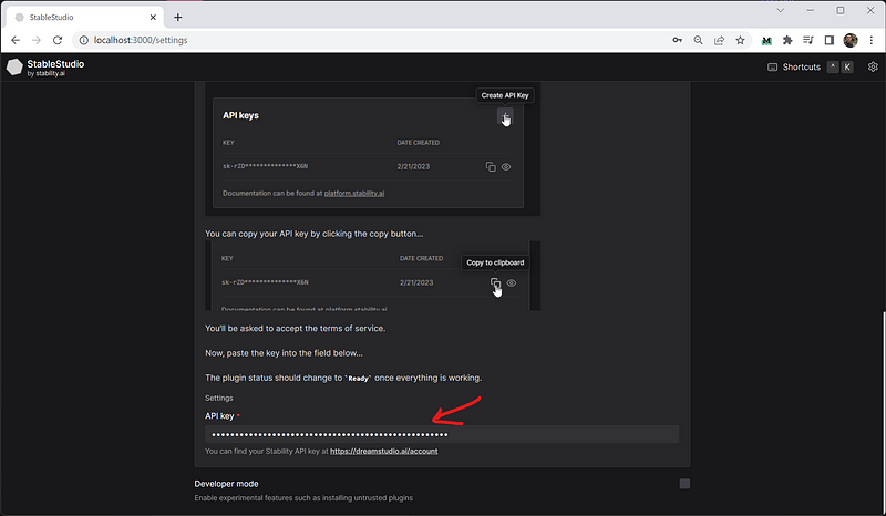 API key entry in StableStudio