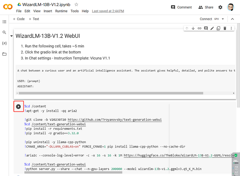 Google Colab interface for local LLMs