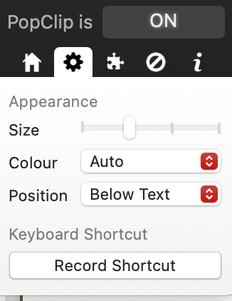 PopClip options configuration