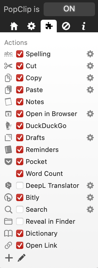 Installed actions in PopClip