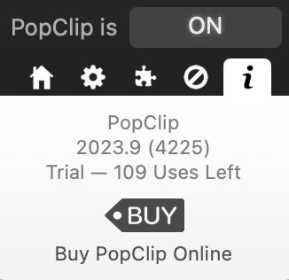 PopClip info panel showing trial usage