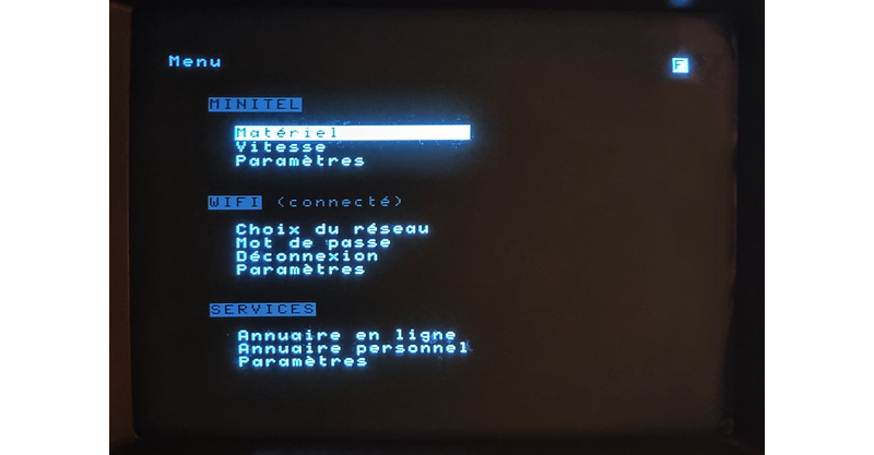 Minitel menu displayed via ESP32 connection