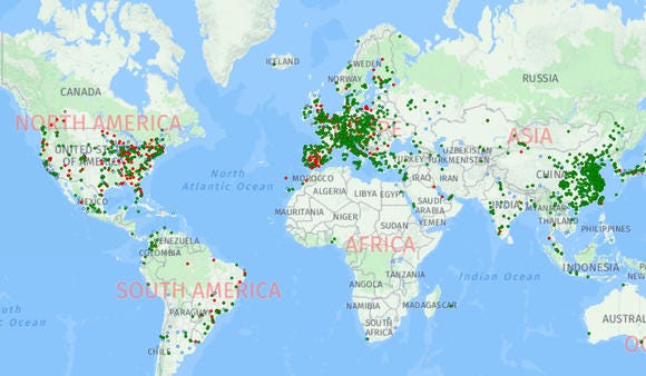 Global bike-sharing map highlighting key regions