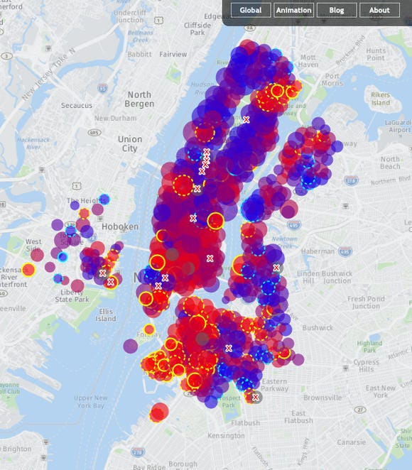 NYC bike share map showcasing density of usage