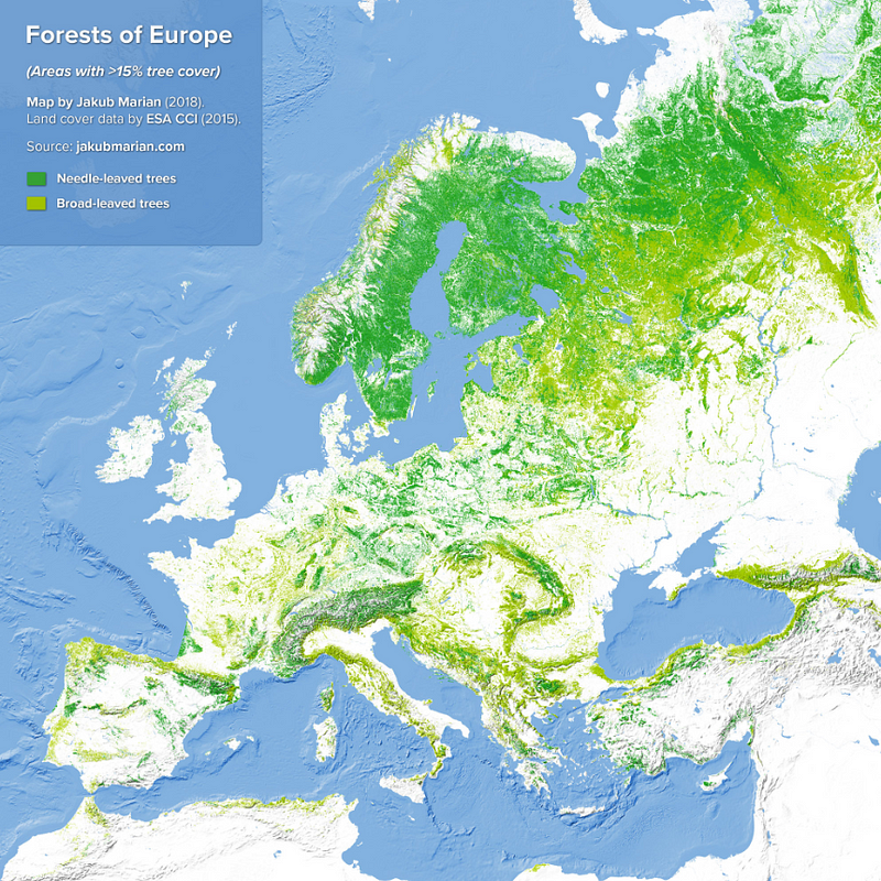 Map of European forest cover and wolf habitats