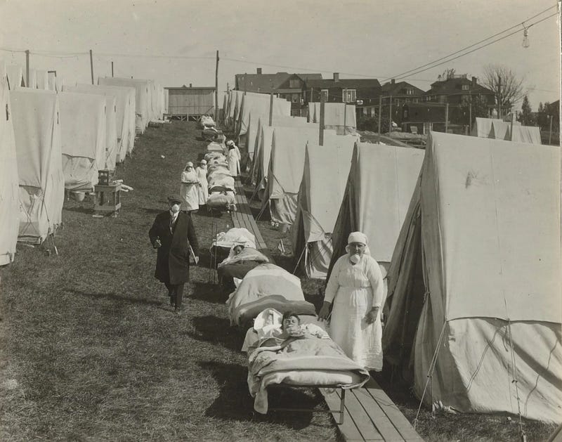 A makeshift hospital during the 1918 influenza pandemic.